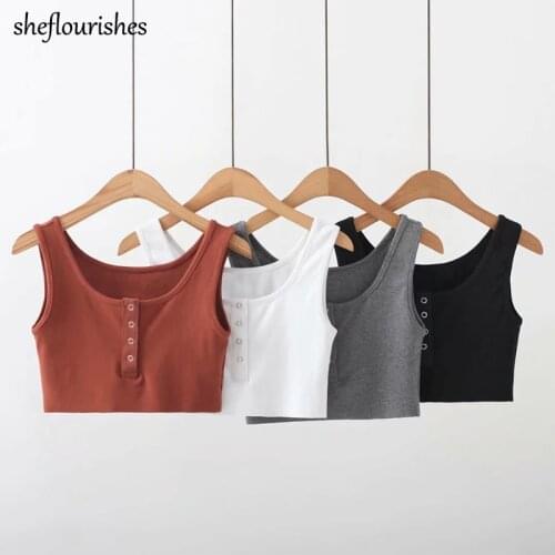 Vintage tank top women sexy crop top sleeveless u neck tops women 2021 casual cropped top cute button up tops black white