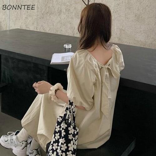 Short Sleeve Dress Women Solid Bow Puff Sleeve Loose Preppy Style Sweet Korean Womens Elegant Kawaii Girls Temperament Oversize