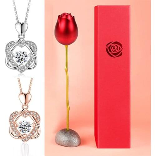 Fashion Rose Flower Jewelry Packaging Cubic Zirconia Necklace For Women Trend Alloy High Quality Gifts Box Wedding Birthday Gift