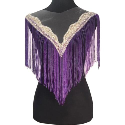Long Beading Fringe Tassel V Neckline Collar Crystal Rhinestones Applique Handmade Patches Bodice Latin Dress Decorated 1 piece