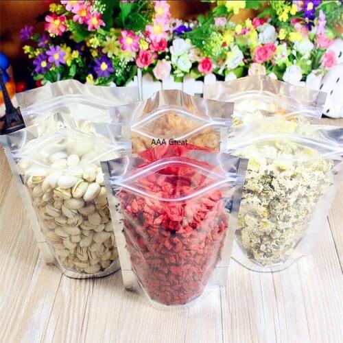 100Pcs/Lot Top Feed Foil Zip Lock Bags Food Pouch Mylar Aluminum Foil Bags Tea Pouches Food Storge Bag Stand Up Front Clear Nuts