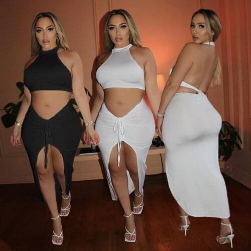 2021 Summer Women Skirt Outfit 2PCS Set Halter Crop Tops Ruched Draw String Split Skinny Skirt Sexy Party Clubwear High Street