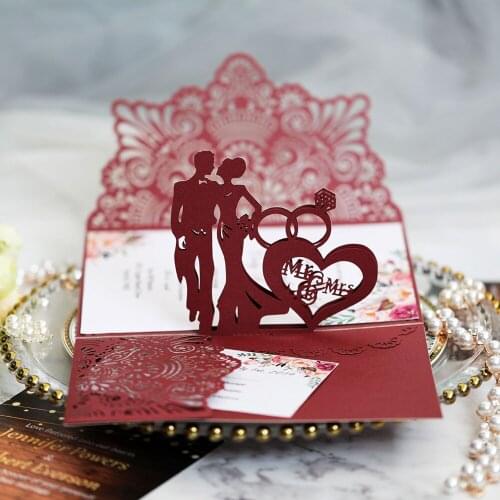 50 Pieces/Lot) 3D Burgundy Shimmer Wedding Party Invitation Cards With Personalized Print And Envelope Event Party Favors