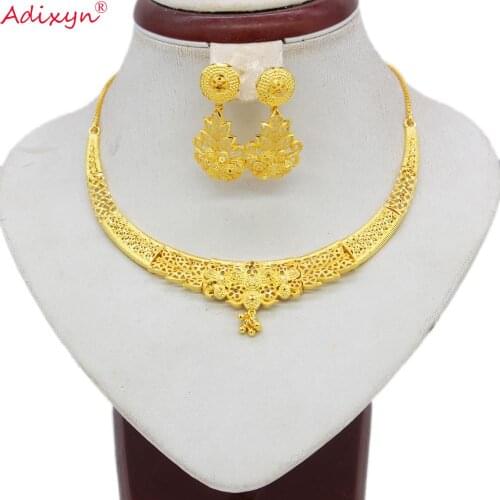 Adixyn Ethnic Jewelry Set Chokers Necklace Gold Color/Copper Tassel Earrings for Woman Dubai/Ethiopian Party Gifts N051710