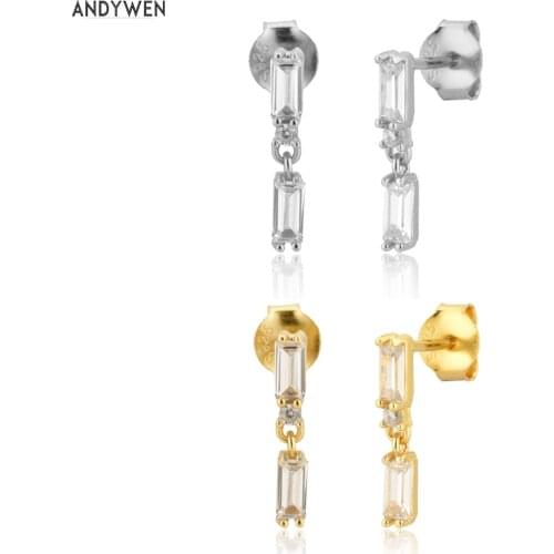 ANDYWEN 925 Sterling Silver Gold Two Zircon Stud Earring Piercing Simple Women Wedding Jewelry For Rock Punk Fashion Jewels