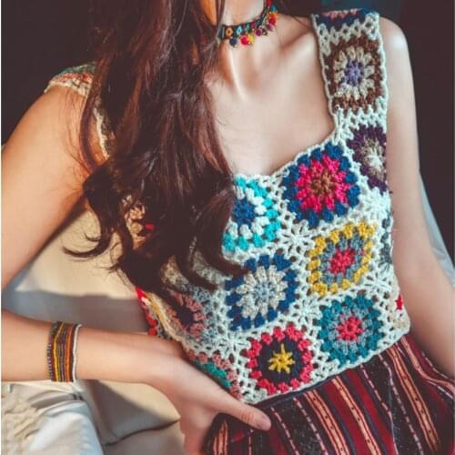 Bohemian Crocheted Flowers Sweater Vest Ethnic Woven Short Sling Hand Knitted Embroidery Tank Hollow Sleeveless Pullovers Tops