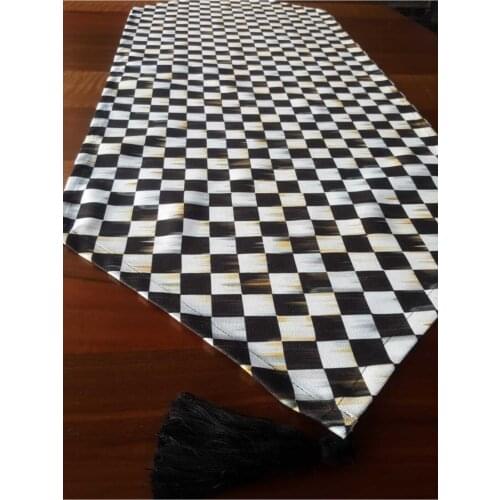 Geometric Checkerboard Embossed Tumbled Black White Decorative Tassels Runner