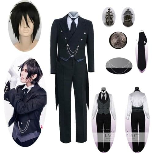 9PCS Black Butler 2 Kuroshitsuji Sebastian Michaelis Cosplay Costume Unisex Uniform Halloween men women Cosplay Costume and wig