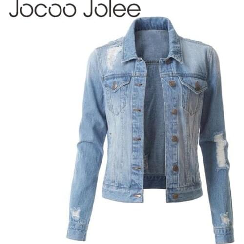 Jocoo Jolee Vintage Ripped Denim Jackets Korean Denim Jackets Womens Single Breasted Jean Coats Streetwear Harajuku Outwear