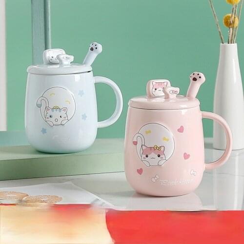 Korean Girl Cat Mug Ceramic Creative Personality Trend Office Cartoon Home Coffee Milk Cup with Spoon and Lid