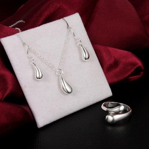 Fashion 925 sterling Silver water drop pendant necklace earring rings Jewelry set for woman Party wedding jewelry Christmas gift