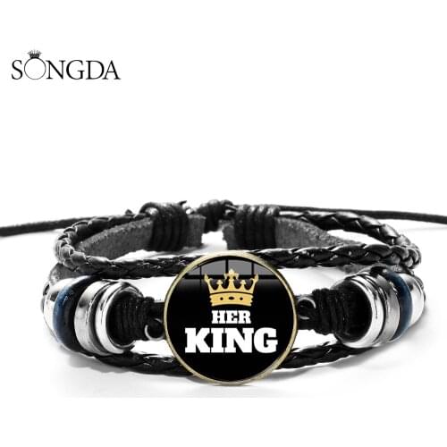 Fashion Her King His Queen Lover Couple Bracelets Glass Cabochon 3D Effect Charm Leather Wristband Valentines Day Gift