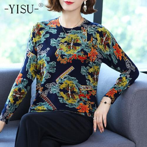 YISU New Knitted Sweater Women Spring Autumn O-neck Long Sleeve Loose Jumper Pullover Tops Fashion Printed Sweaters Women