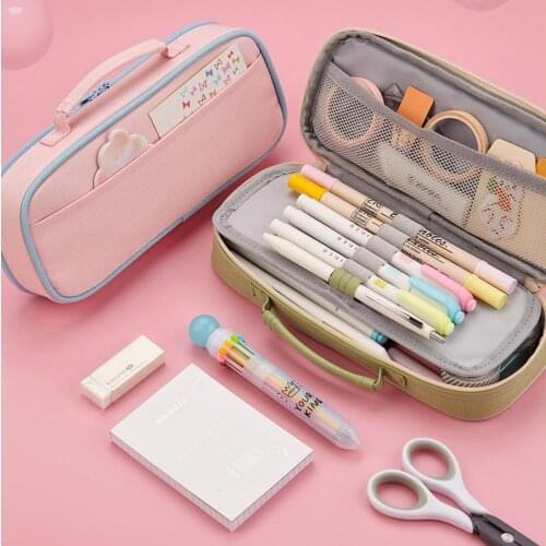 Korea Cute Pencil Case Macaron Double Storage Canvas Portable Pencil Box for Girls Estuche Escolar Kawaii School Supplies