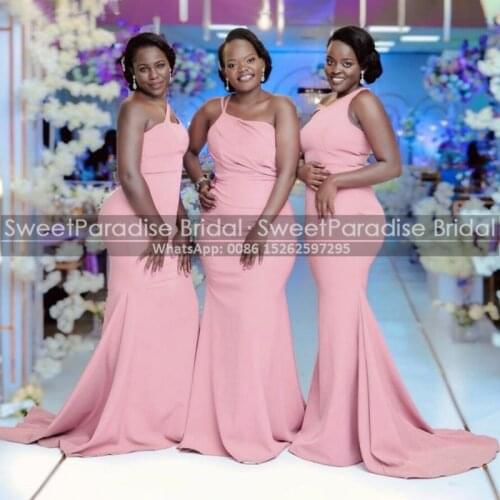 Light Pink One Shoulder Bridesmaid Dresses Mermaid Long For Women Sleeveless Sweep Train Maid Of Honor Dress Bridal Party