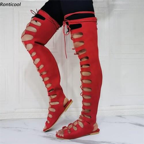Ronticool Handmade Women Gladiator Sandals Flat With Heel Back Zipper Cross Tied Open Toe Red Casual Shoes US Size 5-15