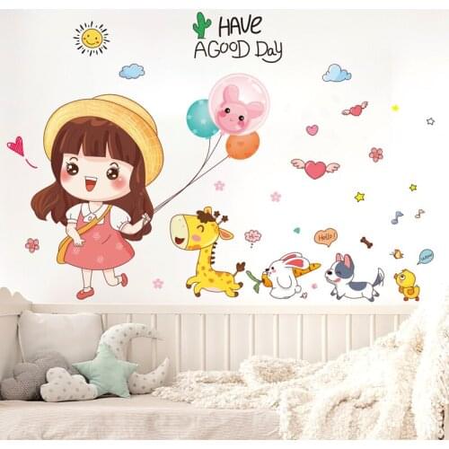 [SHIJUEHEZI] Cartoon Girl Wall Sticker DIY Animals Balloons Mural Decals for Kids Rooms Baby Bedroom Nursery Home Decoration