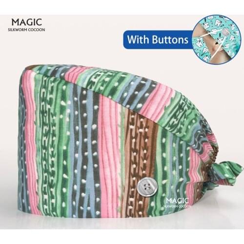 Scrubs Caps with Sweat-absorbent Cartoon Tooth Printing Caps Pet Club Dust Proof Work Hats Men and Women Beautician Working Caps