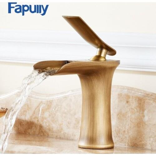 Fapully Short Style Single Lever Waterfall Bathroom Basin Faucet Brass Antique Hot and Cold bathroom Sink Mixer Taps 130-11A