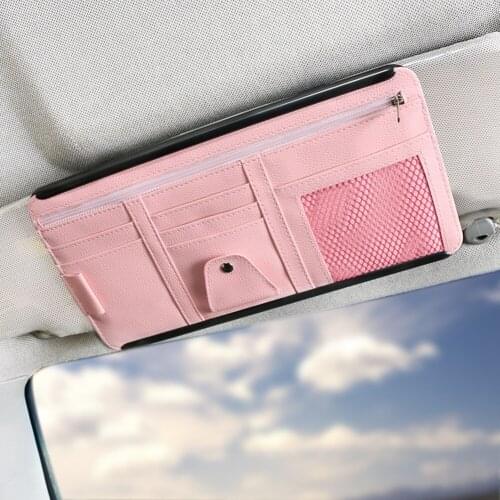 Sun Shade UV Protection Car Storage Holder Multi Function Zipper Car Sun Visor Organizer Glasses Holder with ABS Back Plate