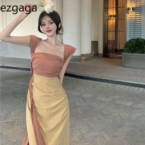 Ezgaga French Style Party Elegant Dress Women Spaghetti Strap Off Shoulder Sexy Contrast Bandage Dresses Vintage Temperament