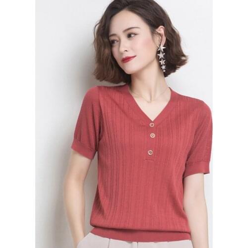 Fashion Ice Silk Hollow Out Knitted T-Shirt Fashion V-Neck Button Short Knitwear Tee Womens Krean Style Short Sleeve Pullovers
