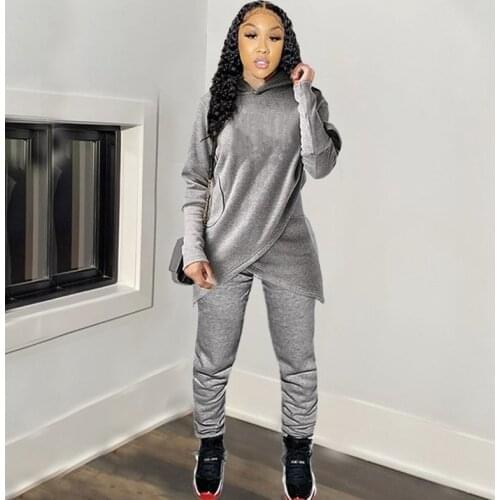 Elegant Winter Sweatsuits for Women Streetwear Irregular Hooded Sweatshirt Pants Set Solid Warm Sweat Suits Women Matching Sets