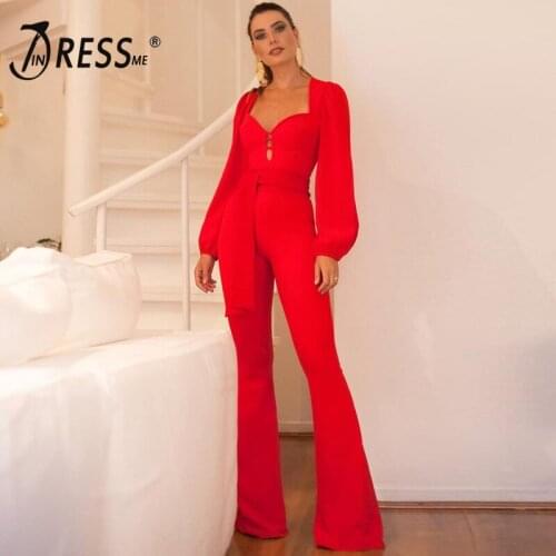 INDRESSME 2019 Autumn New Office Lady Jumpsuit Women Sexy Heart Neck Hollow Out Long Sleeve Slim High Waist Boot Cut Pants