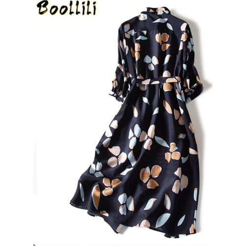 Boollili 100% Real Silk Dress 2020 Vintage Elegant Shirt Maxi Dress Women Spring Office Dress Ladies Dresses with Belt Vestidos