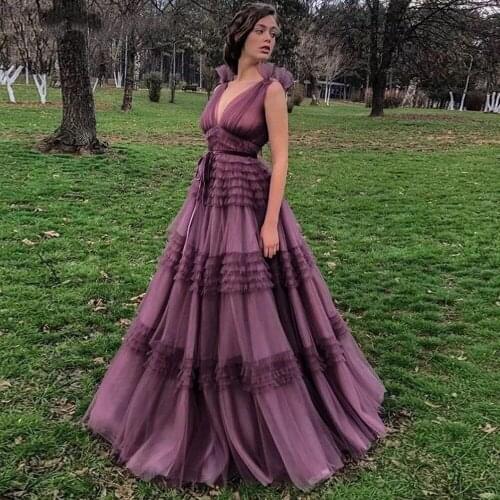 Elegant A-Line EveningDresses 2021 V-Neck Pleat Ruched Floor Length Tulle Backless Long Party Prom Gowns For Women