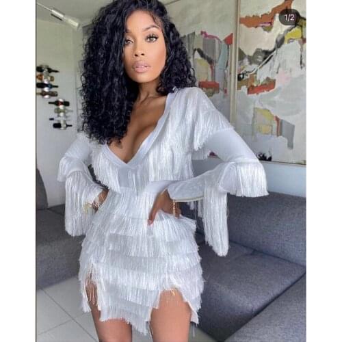 High Quality White Long Sleeve Tassel V-neck Sexy Rayon Bandage Dress Evening Party Dress