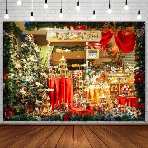Winter Backdrops Christmas Tree Gift Shop Window Carousel Glitter Decor Baby Photography Background Photo Studio Photozone Props