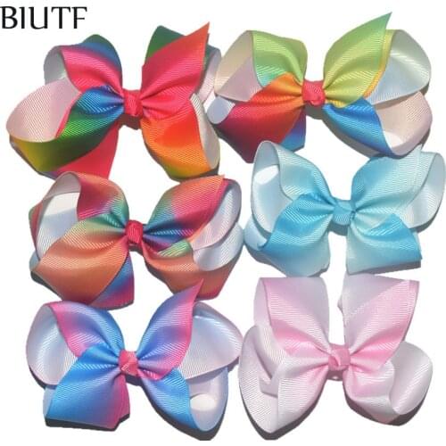 100pcs/lot 2018 Newest 4.5'' Grosgrain Ribbon Hair Bow With Barrettes Clips Rainbow Color Print Headwear Accessories HDJ126
