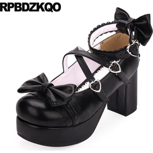 12 44 11 43 Thick Cross Strap Plus Size Lolita Bow Women 8cm High Heels Pumps Ankle Round Toe Crossdresser Us 13 Ladies Shoes