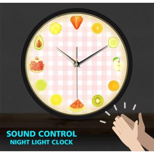 12 Different Kinds Of Fruit Metal Frame LED Wall Clock Sound Control Non-Ticking Wall Lighting Watch Modern Design Novelty Light