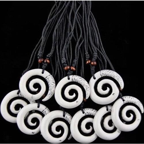 12 pcs/lot Imitation Yak Bone Carved Hawaiian Surfing Spiral Maori Fishhook Koru Pendants Necklaces Gift MN247