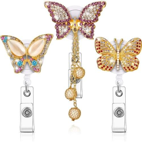 3 Pieces Butterfly Badge Reels Retractable Rhinestone Name Tag Badge Holders for Nurses Teachers Students Volunteers
