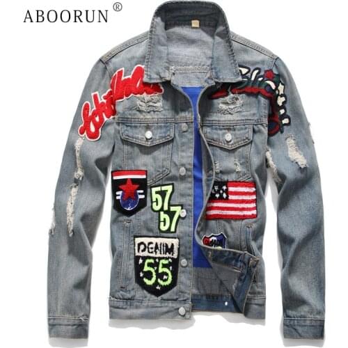 ABOORUN Mens Fashion Denim Jackets US Flag Patchwork Ripped Jeans Jackets Spring Autumn Streetwear Coat for Male x1642