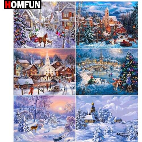 HOMFUN 5d Diamond Painting Full Square/Round ‘’Snow house christmas" Picture Of Rhinestone DIY Diamond Embroidery Home Decor