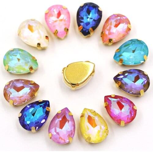 Free shipping Teardrop shape flatback gold base claws sew on glass crystal rhinestones for clothing wedding decoration