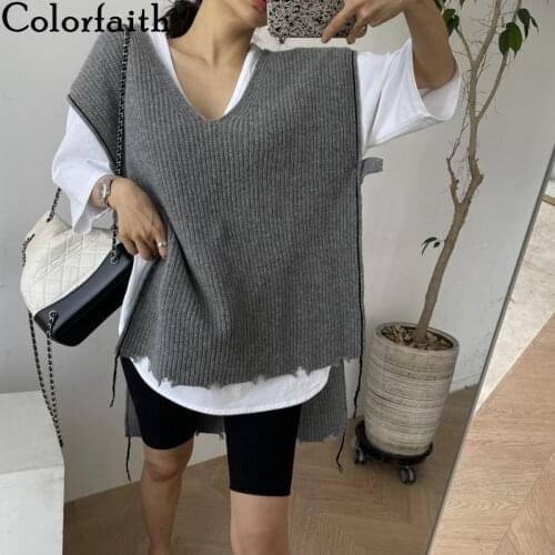 Colorfaith 2021 New Autumn Winter Women Sweaters Sleeveless Vest Waistcoats Vintage Irregular Split Oversized Lady Tops SWV3562