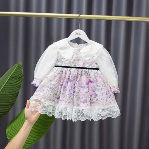 Autumn Children Baby girls Infants Mesh princess long-sleeved lace Party Sweet Flowers Dresses Kids