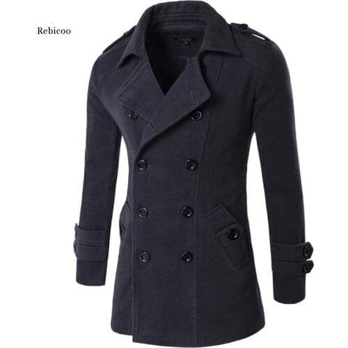 Mens Spring Autumn Overcoat for Man Wool & Blends Double Breasted Peacoat Trench Coat Men Slim Fit