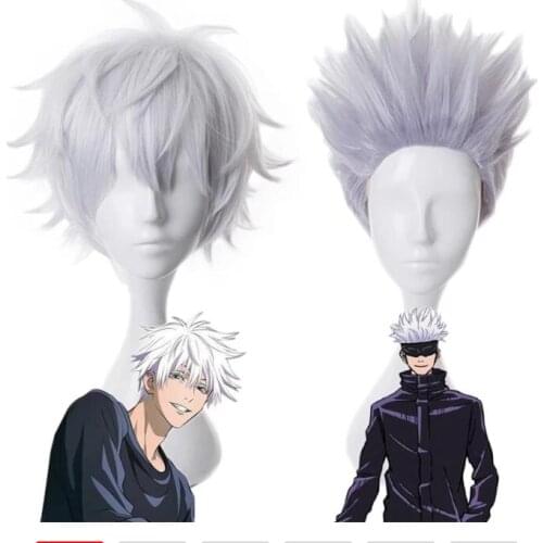 Gojo Satoru Cosplay Wigs Anime Jujutsu Kaisen Gojo Short Heat Resistant Synthetic Hair with Wig Cap Party Wig Without Eye Patch