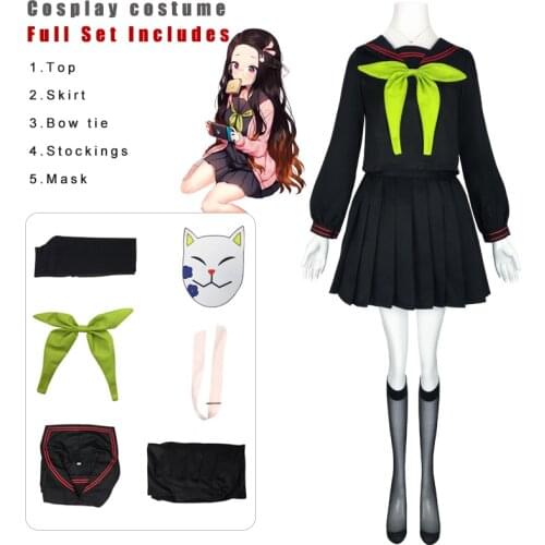 Anime Demon Slayer Cosplay Kamado Nezuko Costume Wig JK Uniform Kimetsu No Yaiba Woman Girl School Uniform Sailor Suit Skirt Set