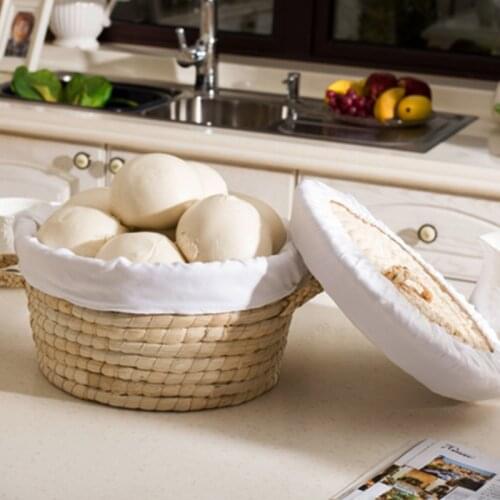 Rustic Woven Round Basket with Lid Liner Egg Bread Wicker Serving Organizer Bins