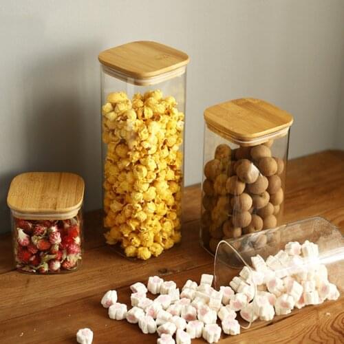 Square glass storage can high borosilicate heat resistant glass tea can sealed bamboo cover of tea can glass bottle