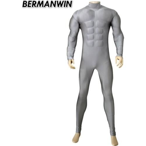 BERMANWIN High Quality Grey Spandex upper part muscle Bodysuit Adult Men muscle suit Halloween Cosplay Costume