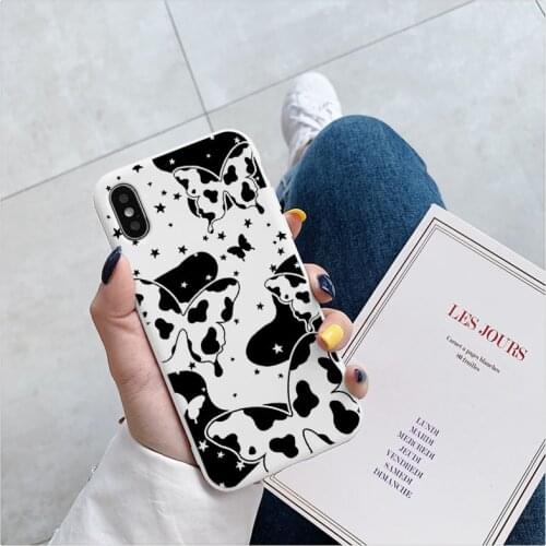 Black White Cow Pattern Butterfly Phone Case for iPhone 12 Xs MAX Xr X 6S 7 8 plus SE 2020 11 pro MAX Soft TPU Phone Back Cover
