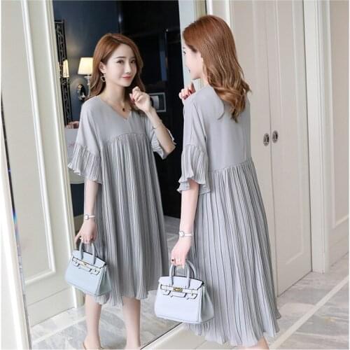 3XL V Neck Pleated Chiffon Maternity Dress 2019 Summer Korean Fashion Loose Clothes for Pregnant Women Pregnancy Clothing